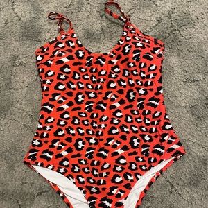 Red and black, cheetah print, spaghetti strap, one piece swim suit.